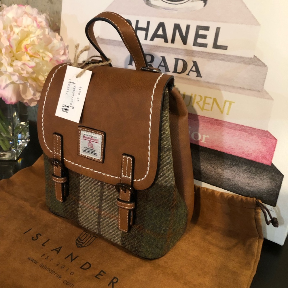 Islander Harris Tweed Mini Backpack NWT in Tartan Green Vegan Leather Bag - Picture 5 of 16
